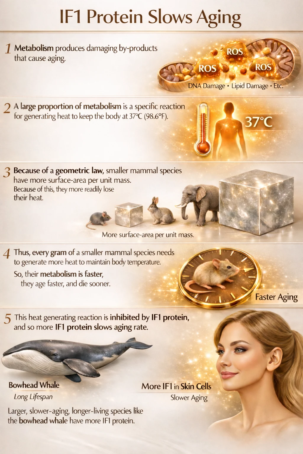 Five-step infographic: metabolism produces damaging by-products; a large part of metabolism generates heat to maintain 37°C body temperature; smaller mammals have more surface-area per unit mass and lose heat faster; therefore their metabolism is faster and they age faster; this heat-generating reaction is inhibited by IF1 protein, so more IF1 protein slows aging