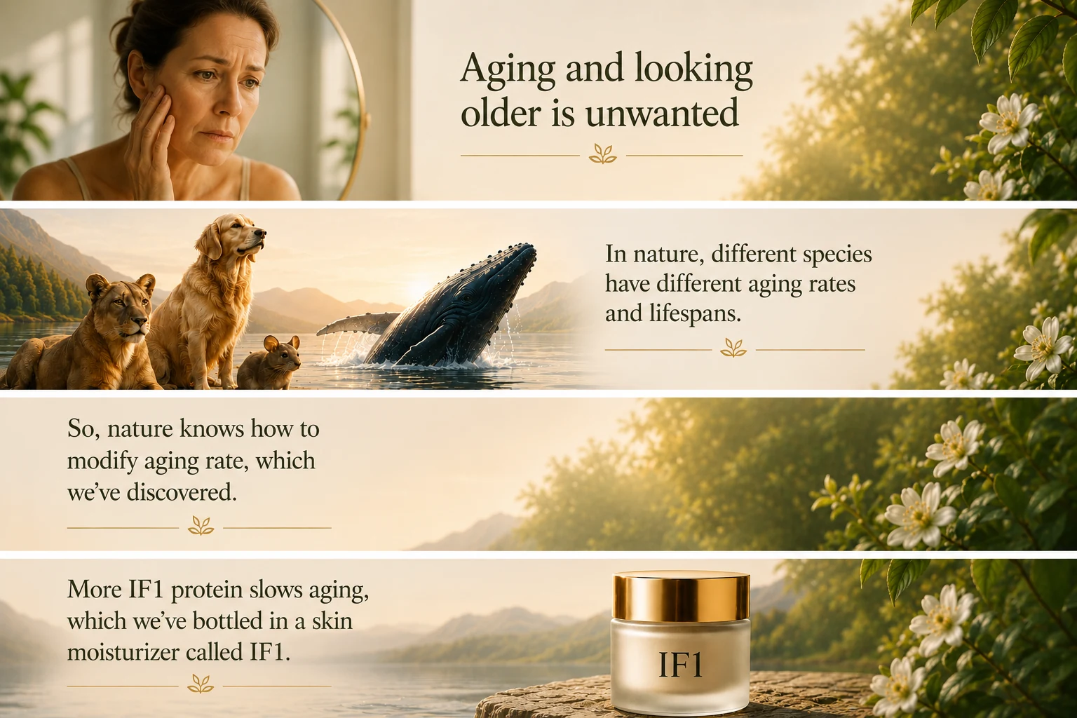 Four-panel narrative: aging is unwanted; different species age at different rates; nature modifies aging rate; more IF1 protein slows aging, bottled in the IF1 skin moisturizer